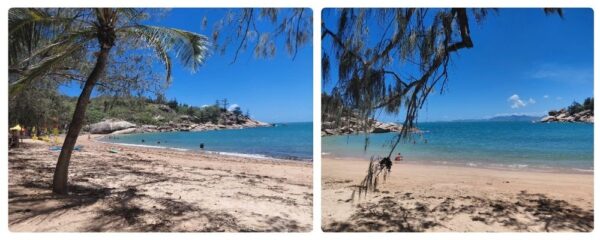 Písečná pláž Alma Bay na Magnetic Island s palmami, klidným mořem a lidmi koupajícími se v tyrkysové zátoce pod skalnatým pobřežím.