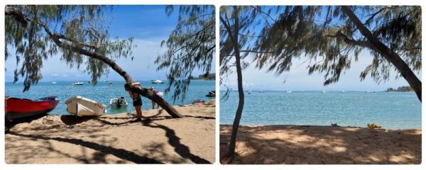 Pláž na Magnetic Island s čluny na písku, stromy ve stínu a tyrkysovým mořem s kotvícími loděmi v pozadí.