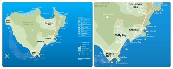 Přehledová mapa Magnetic Island s vyznačenými plážemi, zátokami, turistickými trasami a hlavními oblastmi jako Horseshoe Bay, Arcadia, Nelly Bay a Picnic Bay.