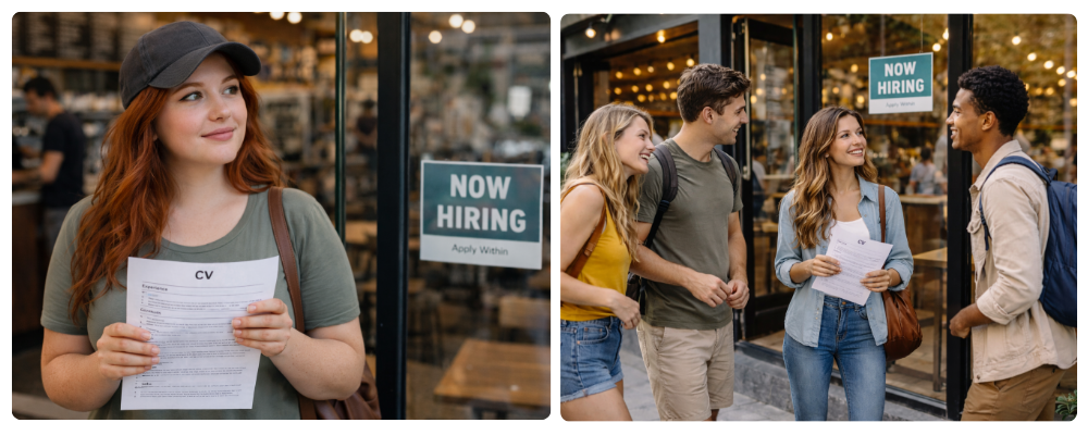Studentka drží CV před kavárnou s nápisem Now Hiring a skupina studentů přichází žádat o práci.