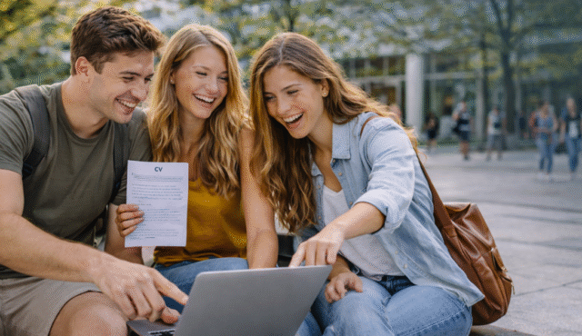 Skupina zahraničních studentů sedí před školou v Austrálii, prohlížejí si notebook a drží vytištěné CV při hledání práce během studia.