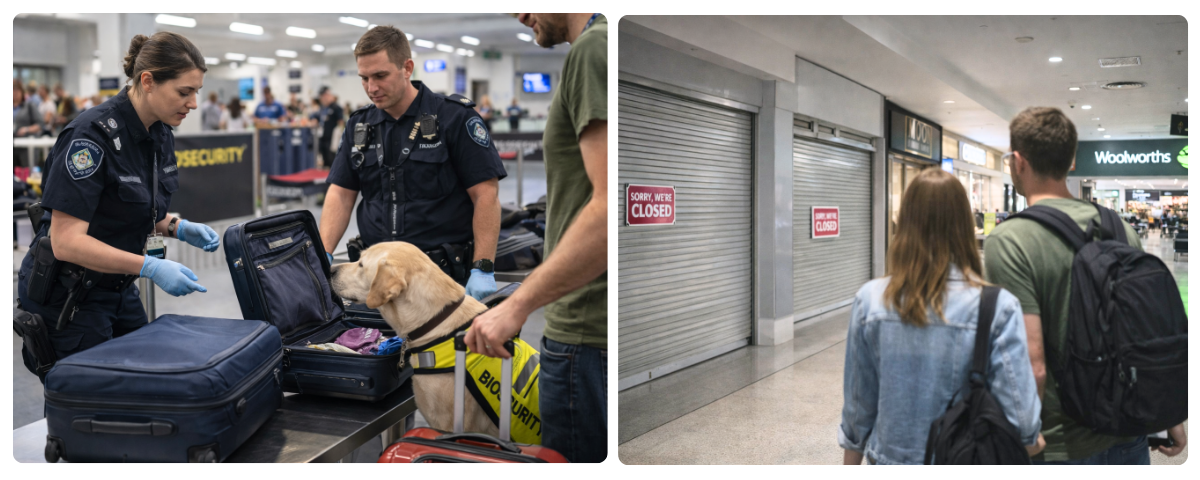 Biosecurity kontrola na letišti v Austrálii pes kontroluje zavazadla a zavřené obchody v nákupním centru