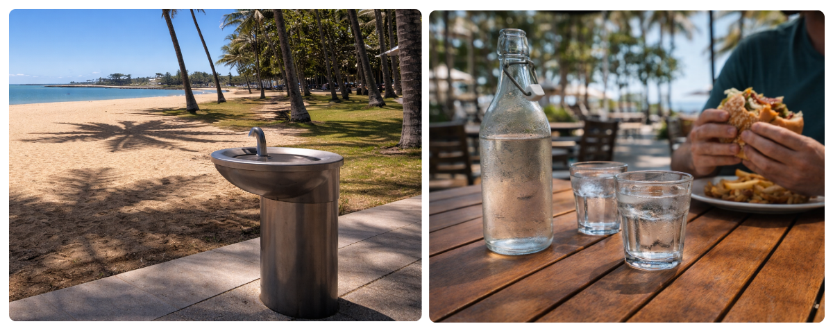 Pitná fontánka u pláže v Austrálii a voda zdarma v restauraci tap water
