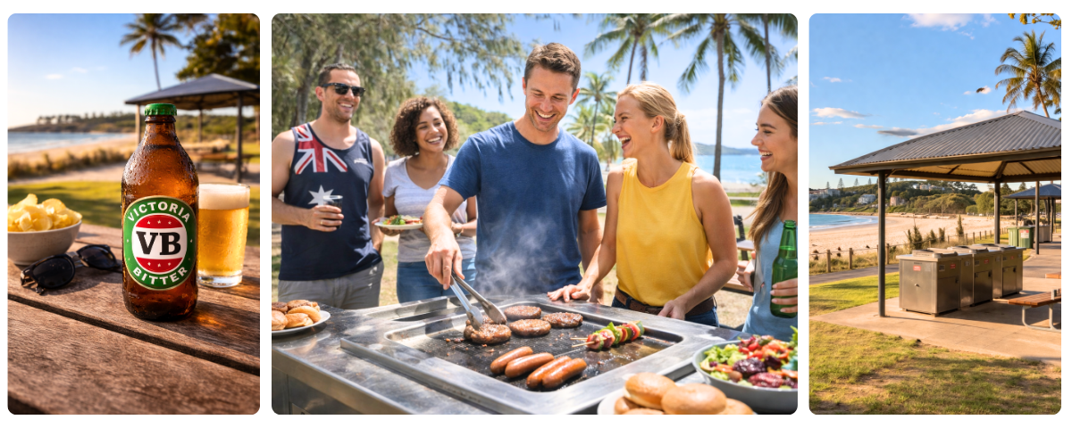 Austrálie barbecue u pláže lidé grilují na veřejném grilu a pivo Victoria Bitter