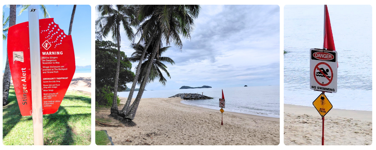 Austrálie pláž varování nebezpečí koupání cedule medúzy a zákaz vstupu do vody