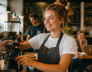 Usměvavá studentka připravuje kávu jako baristka v australské kavárně během brigády.