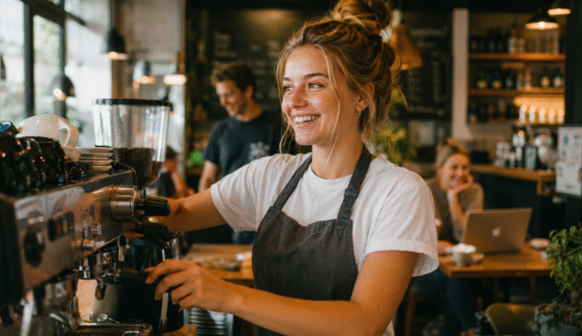 Usměvavá studentka připravuje kávu jako baristka v australské kavárně během brigády.